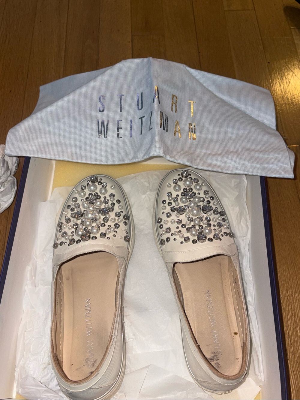 Stuart Weitzman White Crystal-Embellished Slip-On Flats